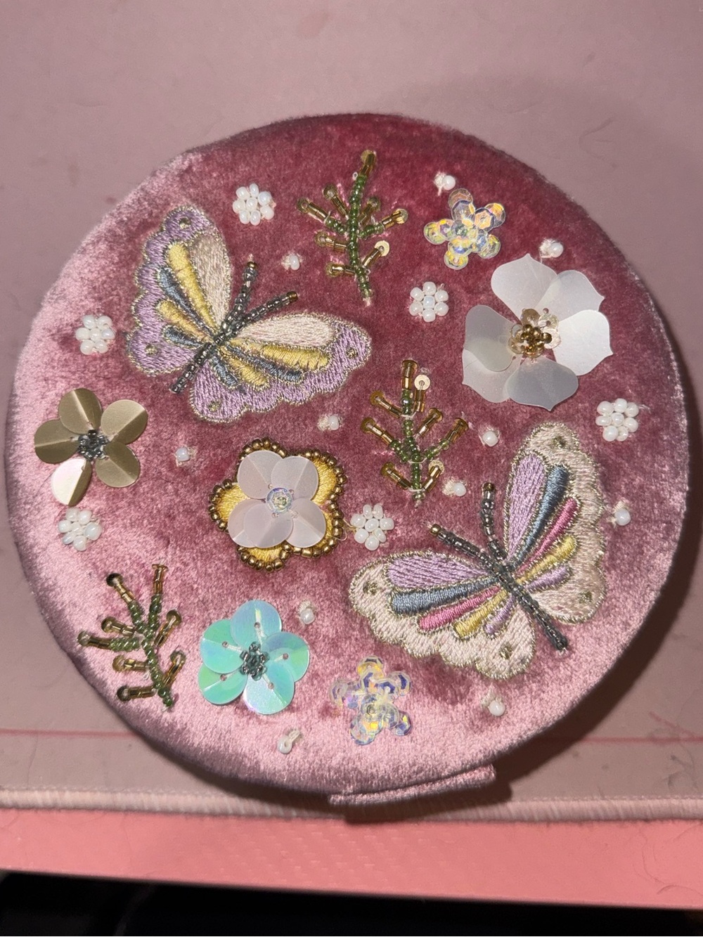 Velvet Butterfly Embroidered Jewelry Case - Pink